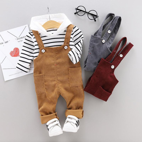 Boys Girls Infant Cotton Striped T Shirt Bib Pants sets