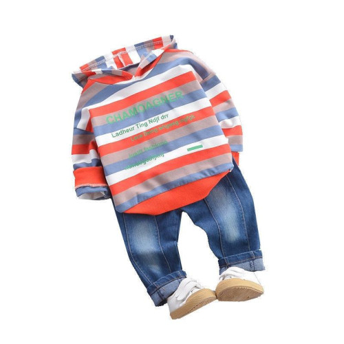 Boys Girls Striped Hooded T shirt  Pants sets