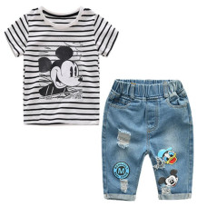 New Infant Boys Girls Summer Cartoon Striped T Shirt + Denim Shorts