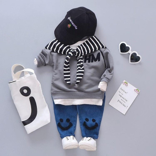 Girls Boys Scarf T Shirt Smiley Face Jeans sets