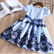 Girls Summer Blue Stripe Embroidery Dress