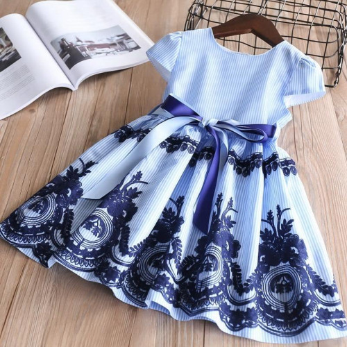 Girls Summer Blue Stripe Embroidery Dress