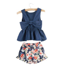 summer girls sleeveless bow t-shirt short sets