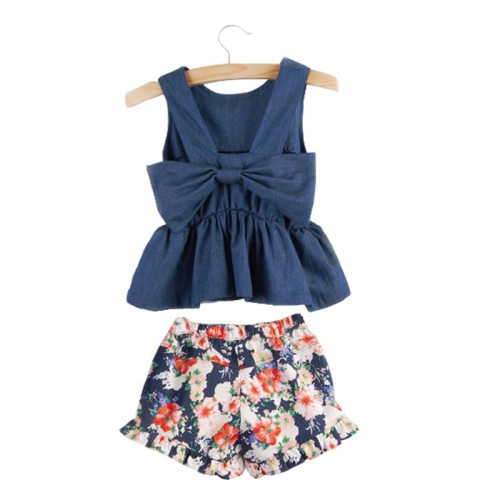 summer girls sleeveless bow t-shirt short sets