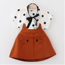 Girls Summer Clothes Dot Short Sleeve Top + Cartoon Cat Skirt sets