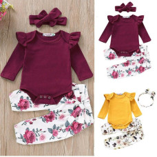 Girls Romper Jumpsuit Tops Floral Pants Headband sets