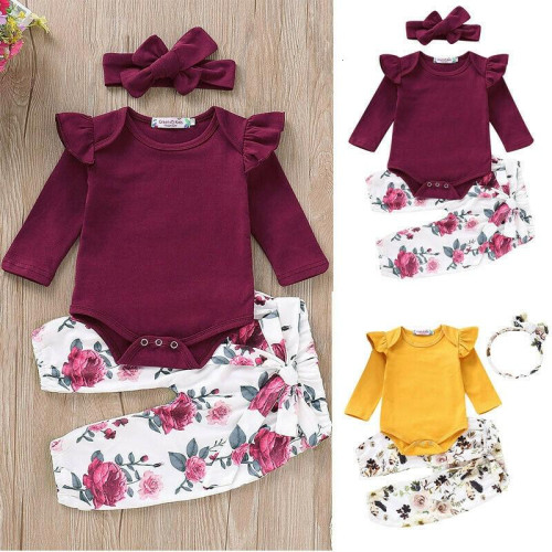 Girls Romper Jumpsuit Tops Floral Pants Headband sets