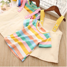 Girls Multicolored Striped T shirt + Strap Dress