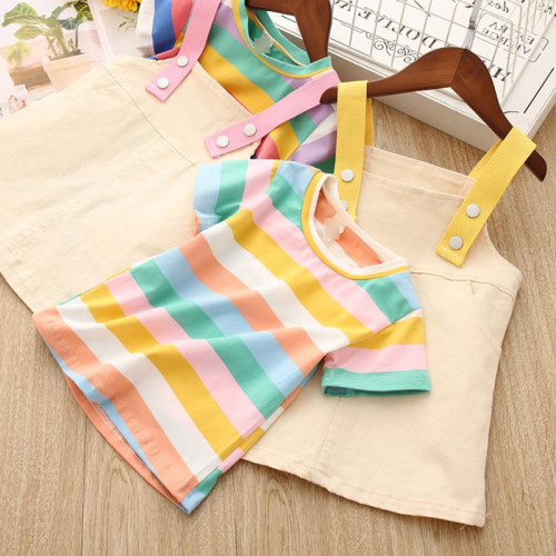 Girls Multicolored Striped T shirt + Strap Dress