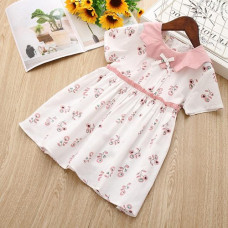 Girls Collar Cotton Leaf Print Dress