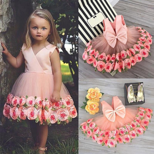 Girls Sleeveless V-Neck Rose party Dress