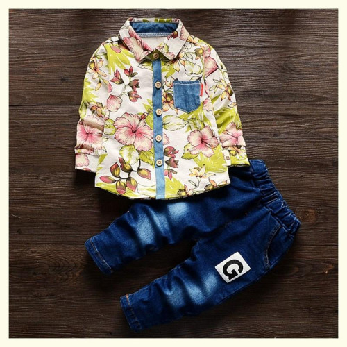 boys flower t-shirt + jeans pants sets