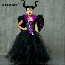 girls Maleficent Evil Queen Horns Wings Party Dress