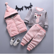 Girls Spring Autumn Warm Hooded Vest + Long Sleeves + pants sets