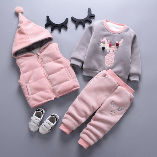 Girls Spring Autumn Warm Hooded Vest + Long Sleeves + pants sets