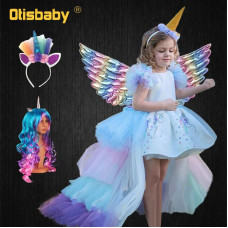 Christmas Girls Unicorn Dress with Long Tail + Wings Wig Hairband sets