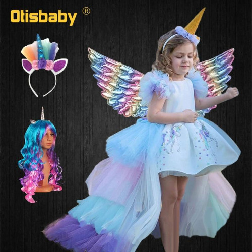 Christmas Girls Unicorn Dress with Long Tail + Wings Wig Hairband sets