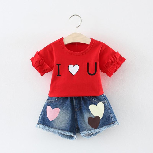 Girls Short Sleeve Tops +Denim Shorts set