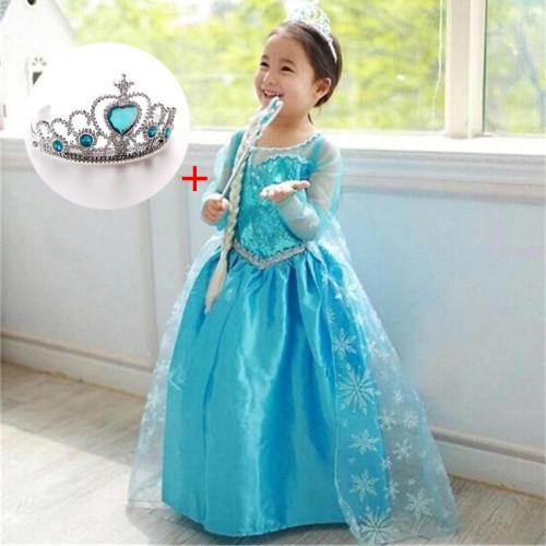 Fancy 4-10y Girl Princess Elsa Dress for Girls  Cosplay Elza Party Costume With Crown