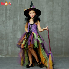 Girls Halloween Witch Tutu Rainbow Trailing Party Dress