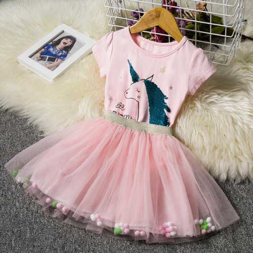 Girls Summer unicorn Short Sleeve Tutu Dress