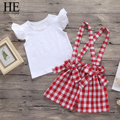 Girls T-Shirt+Bowknot Suspender Shorts sets