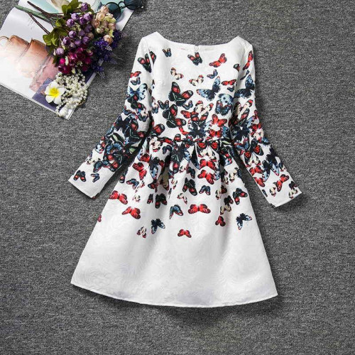 girls Butterfly Floral Print Long Sleeve Casual Dresses