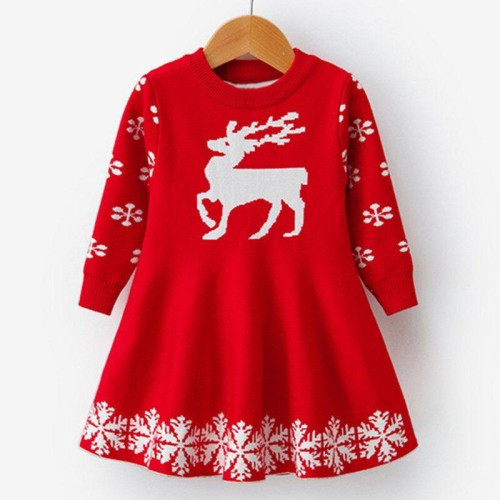 Girls Snowflake Print Long Sleeve Deer Dress