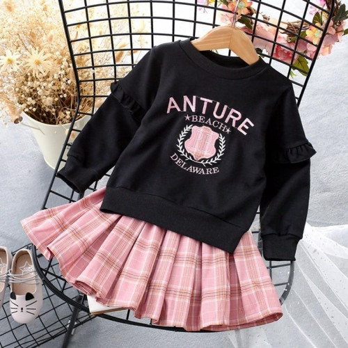 Girls Long Sleeve spring Plaid Pattern Shirt sets