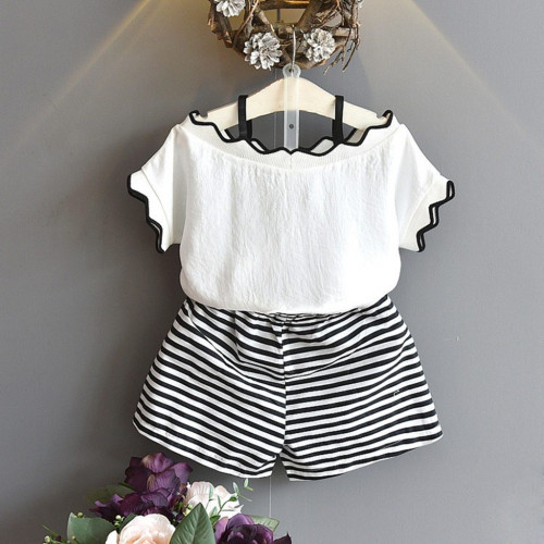 summer Girls T shirt Tops+Stripe Shorts Set