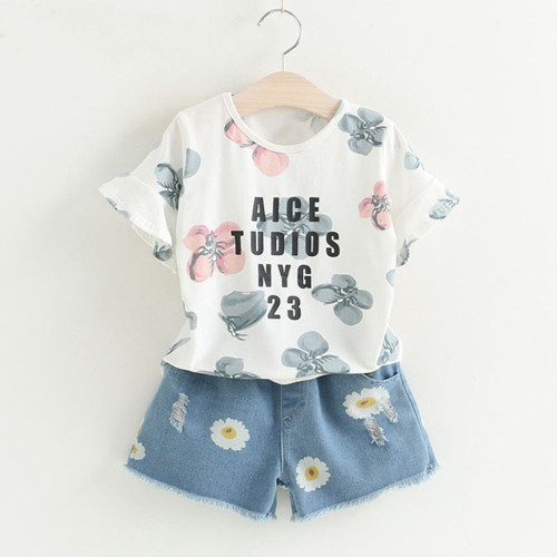 Girls Summer Flower Print T shirt+Shorts Set