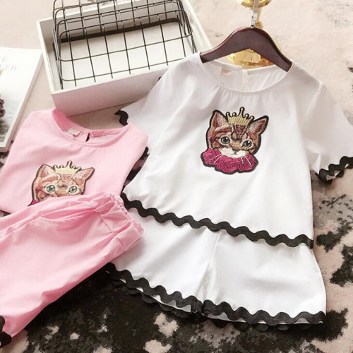 Summer Girls Cat T shirt Tops+Shorts Set