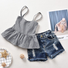 Girls Plaid Tops+ Jeans Shorts Set