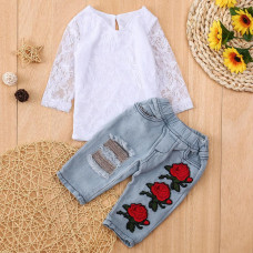 Girls Lace Flower Tops Shirt+Pants Sets