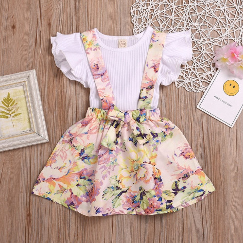 Summer Girls Ruffled T Shirt Suspender Skirt set