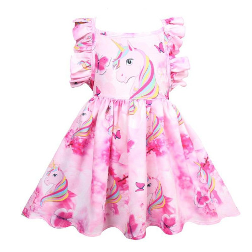 Girls Summer Rainbow Cartoon Unicorn Dress