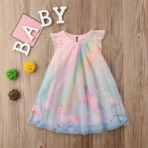 girls Summer New Fashion Unicorn Printed Dresses