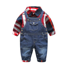 boys plaid shirt jumpsuit +jeans  set