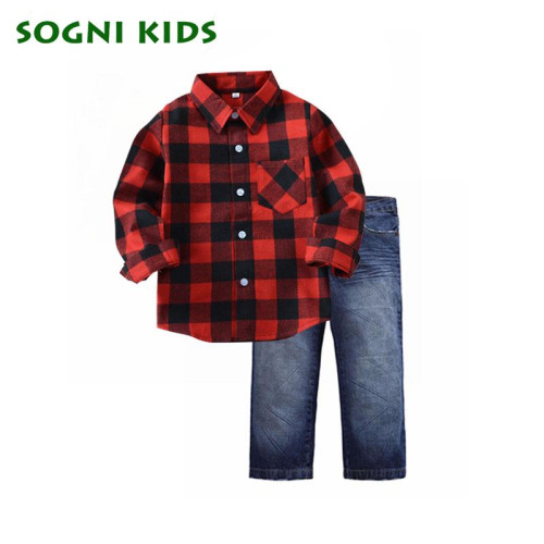 Boys Autumn Child Clothing Set long sleeves Plaid Shirt+Jeans costumes set